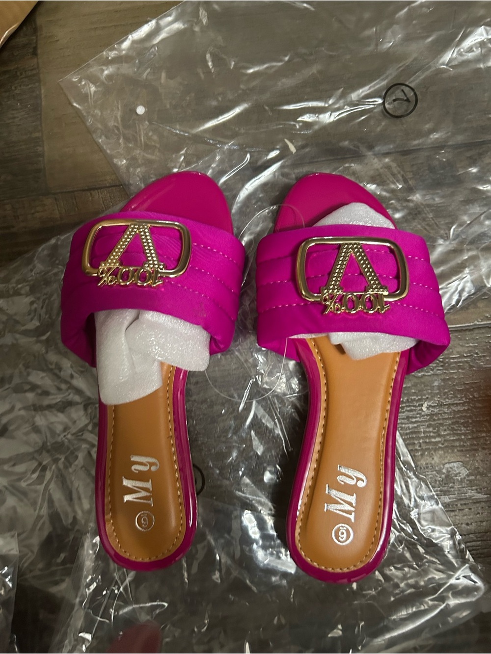 Bright Pink Quilted Slide Mules with Gold Accent